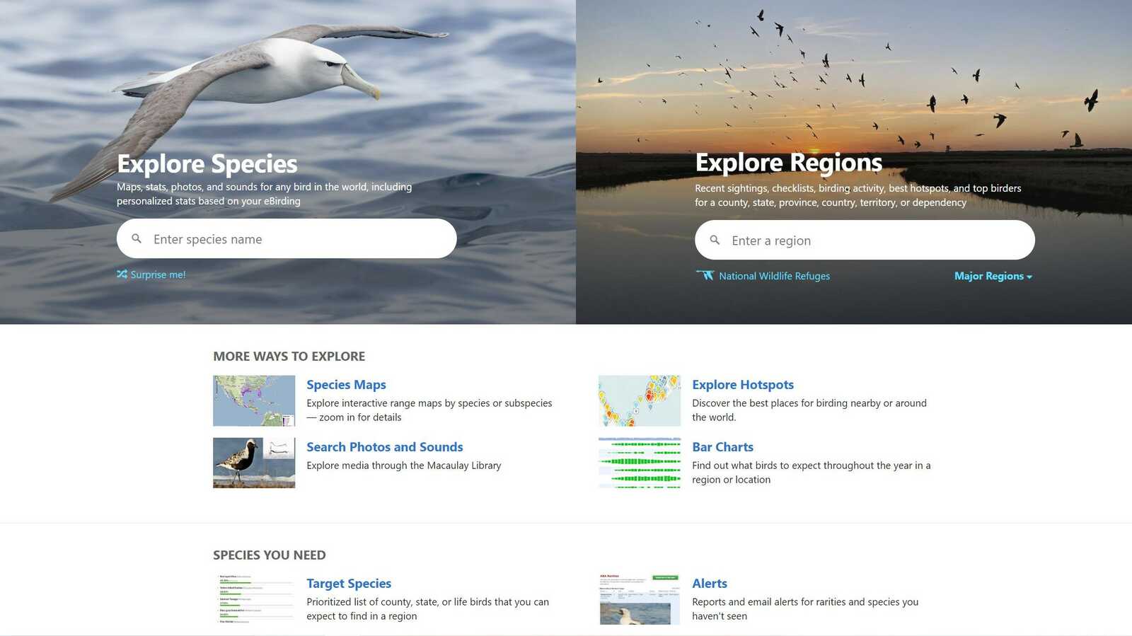 Screenshot of eBird's home page.